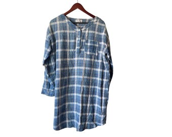 Vintage Blau kariertes 100% Baumwolle Henley Schlaf Kleid One Size Oversized Winter