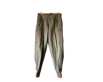 Vintage Zweedse militaire M58 wollen cargobroek olijfgroen taps toelopend 35 x 31,5 "