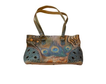 Y2k Anuschka Leather Handbag Peacock Feather Tiger Print Studded Shoulder Bag