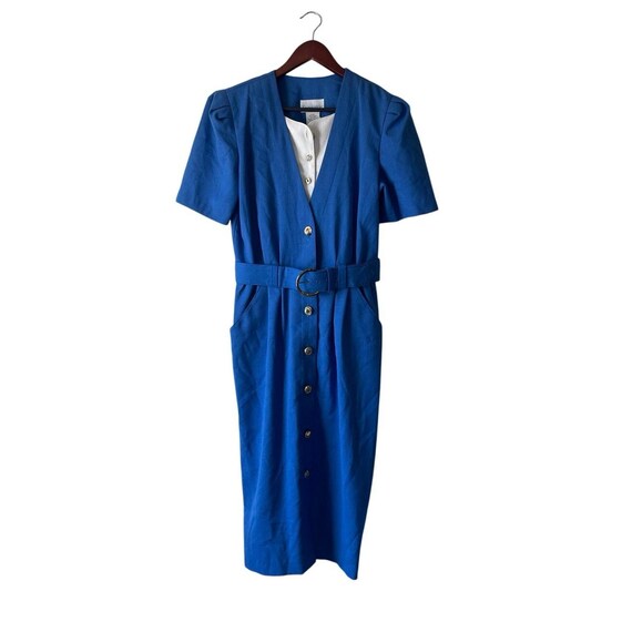 suit dress midi Vintage Euro Style Suit Midi Dress Blue Linen Feel With Belt Large