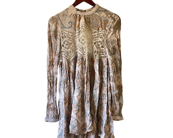 Free People Paisley Spets Virkad Miniklänning/Tunika Öppen Rygg Boho Festival Storlek S