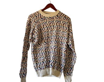 Vintage 80s Geometric Pattern Sweater Beige Multi Color Linen blend size small