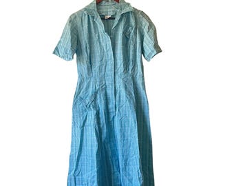 Vintage jaren 50 Basila-jurk geruite blauwgroene midi-shirtjurk met stippen Maat small