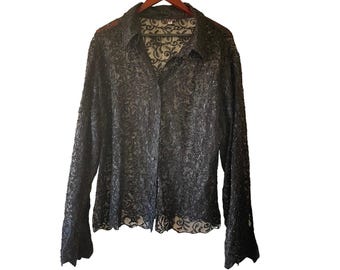 Vintage Marina Morreale Black Lace Beaded Sheer Bell Sleeve Button Up Top 2X