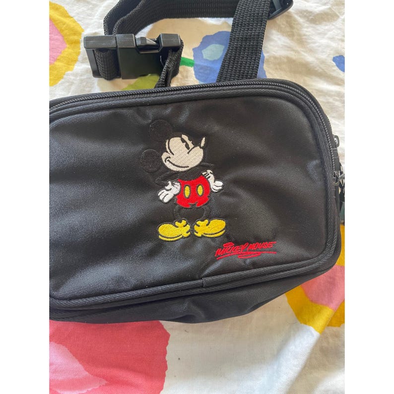 Vintage Disney World Micky Maus Schwarz Nylon Fanny Pack Gürteltasche Bestickt Bild 2