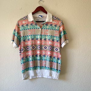 Vintage 80s colorful southwestern Aztec polo for women size large