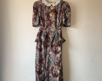 Vintage 80er Jahre Paisley und Rose Midi Kleid mit Spitzenkragen Gr. L