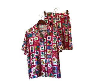 ヴィンテージスタイル ピンク花柄パッチワーク ツーピースシャツ＆ショーツセット レディース M