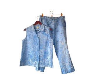 Completo vintage anni '90 con pantaloni e stampa floreale Blue Cloud in cotone, taglia M, da donna.