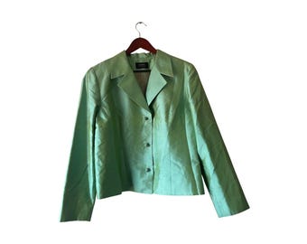 Blazer Y2k Dana Buchman 100% seda, color verde espuma de mar, con botones anudados, talla 16.