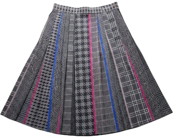 Vintage Mixed Plaid Houndstooth Pleated Midi Skirt Grey 8 80s academia office