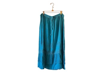 Vintage 80s boho indie free size embroidered teal midi skirt