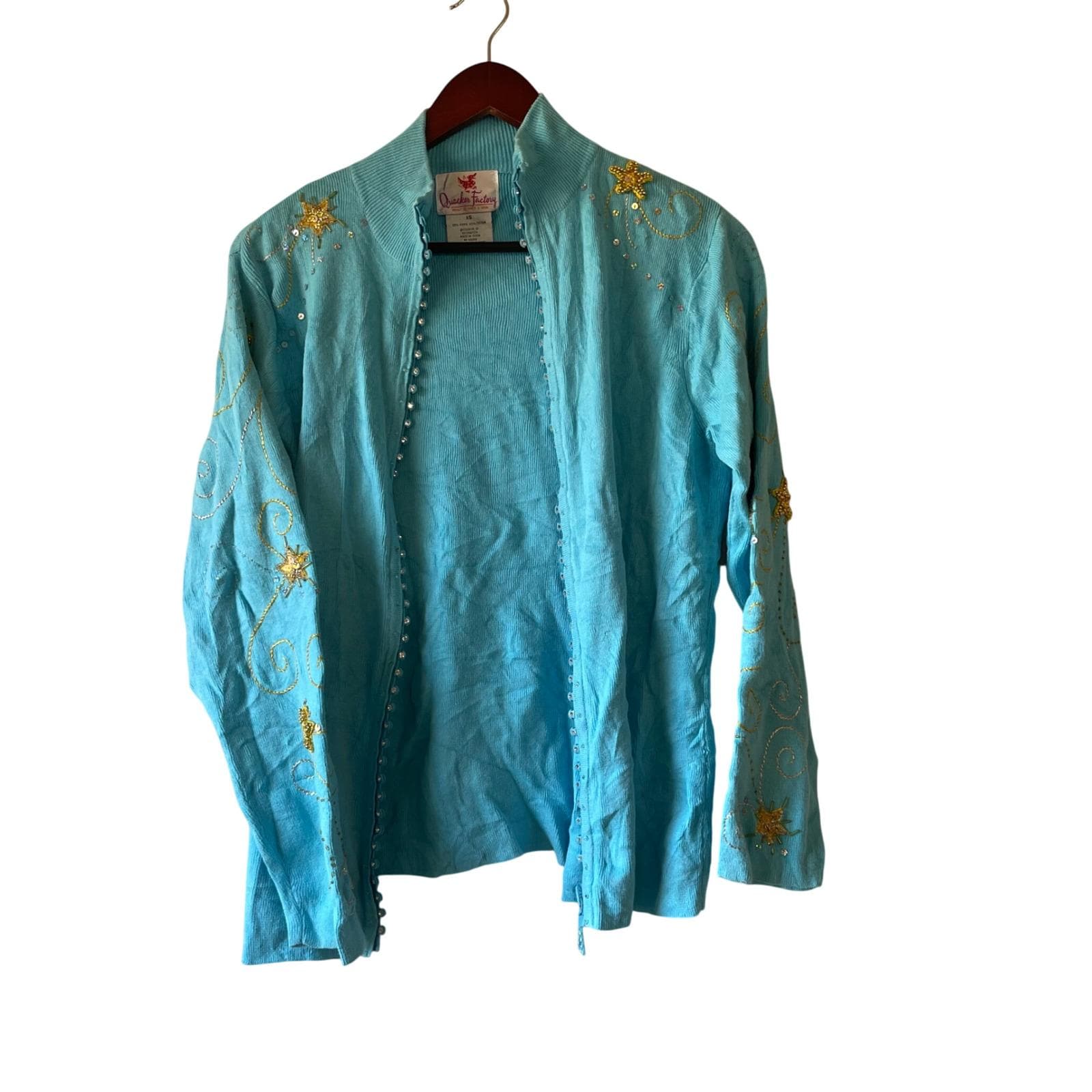 Vintage Quacker Factory Aqua Blue Embellished Star Cardigan