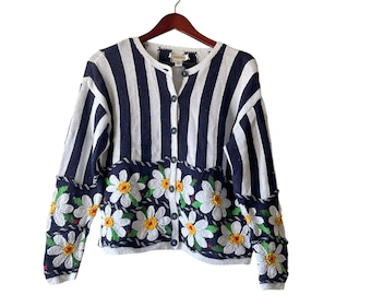 Vintage striped and floral knit cardigan button up cottagecore size small