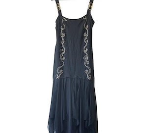 Vintage tulle ballerina goth Black Maxi Dress Gold buckle Embroidered size small