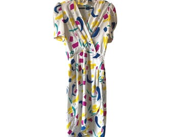 Vintage 80s colorful abstract shapes puff sleeve midi dress xs