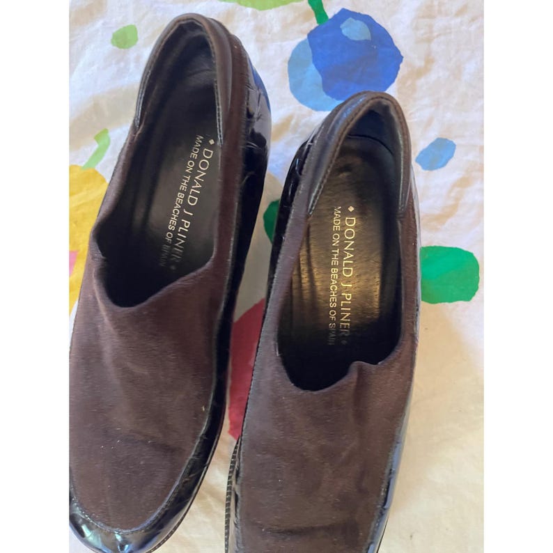 Donald J Pliner Brown Suede Croc Patent Leather Wedge Platform Loafers 8.5 image 2