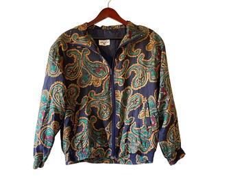 Giacca bomber vintage anni '80 in seta blu navy con stampa paisley e cerniera, da donna, taglia XL