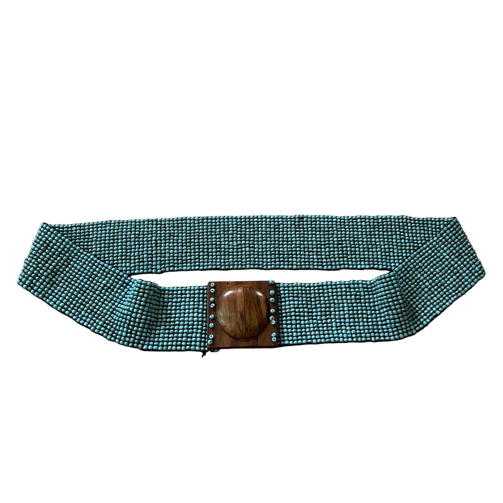 Vintage 70s/80s Beaded Turquoise Belt With Wooden Clasp Size  display picture 1