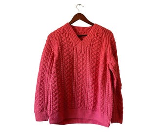 Vintage Rosa Zopfmuster Handmade V-Neck Fischer Pullover Aran Knit