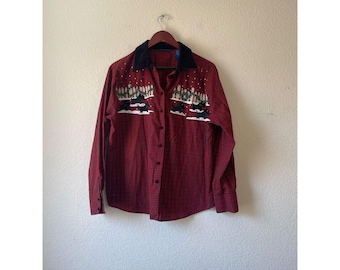 Vintage Karen Scott Hund Schnee Szene Urlaub kariertes Hemd Größe L