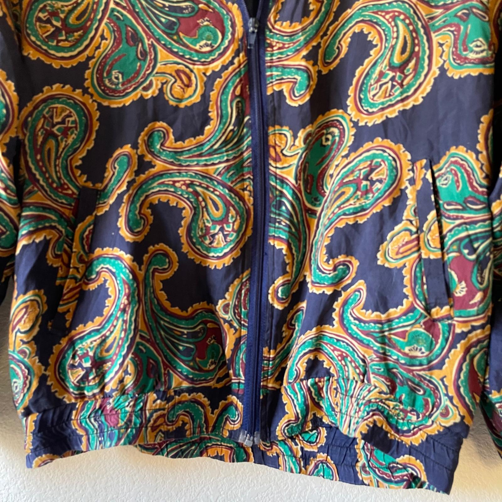 Vintage 80s Silk Navy Paisley Print Zip up Bomber Jacket Women's