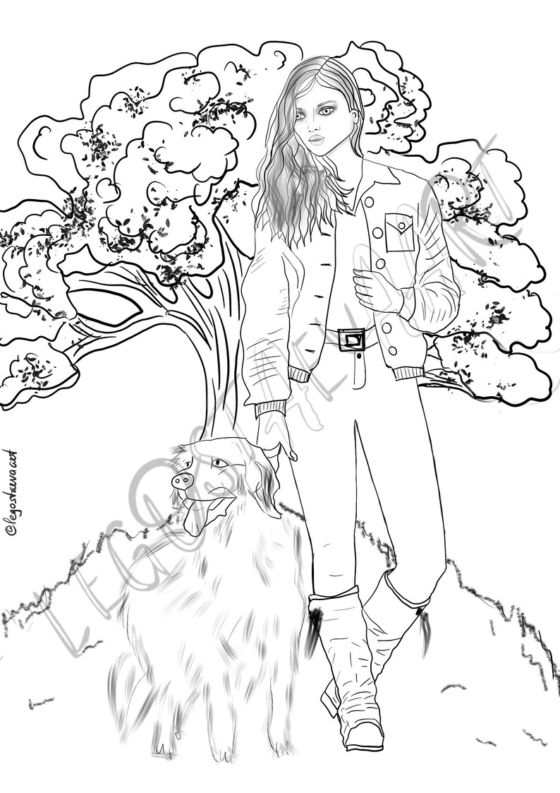 Printable Coloring Pages Beautiful girl with a dog | Etsy