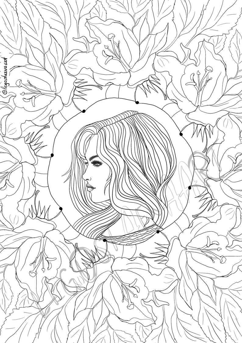 Coloring Pages cheerful Beautiful Girls With Floral | Etsy