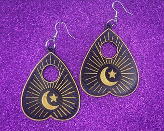 Black and Gold Ouija Planchette Statement Earrings 3D Printed, Weird Earrings, Unique Earrings, Edgy Earrings, Alternative Earrings