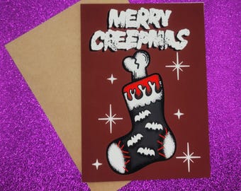 Merry Creepmas Stocking Spooky Christmas Greeting Card 5x7, Goth Christmas, Creepmas Card, Horror Holiday,  Dark Christmas, Blank Card