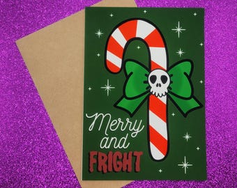 Merry and Fright Skull Candy Cane Spooky Christmas Greeting Card 5x7, Goth Christmas, Creepmas Card, Horror Holiday