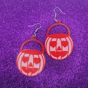 Valentines Day Heart Eyes Pumpkin Bucket Statement Earrings 3D Printed, Weird Earrings, Unique Earrings, Edgy Earrings, Alternative Earrings