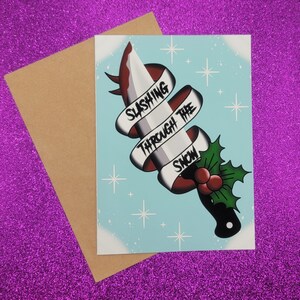 Slashing Through The Snow Christmas Greeting Card 5x7, Goth Christmas, Creepmas Card, Horror Holiday, Dark Christmas, Blank Card
