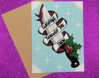 Slashing Through The Snow Christmas Greeting Card 5x7, Goth Christmas, Creepmas Card, Horror Holiday, Dark Christmas, Blank Card