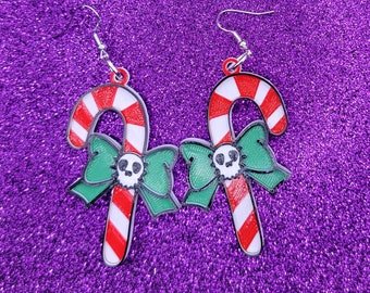 Pendientes navideños de bastón de caramelo con calavera espeluznante, pendientes extraños impresos en 3D, pendientes únicos, pendientes atrevidos, pendientes colgantes, pendientes alternativos