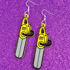 Yellow Chainsaw Statement Earrings 3D Printed, Weird Earrings, Unique Earrings, Edgy Earrings, Horror Earrings, Alternative Earrings