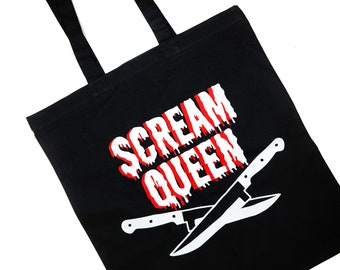 Scream Queen Tote Bag Black Cotton Reusable Shopping Bag 15"x16" Horror Goth Spooky