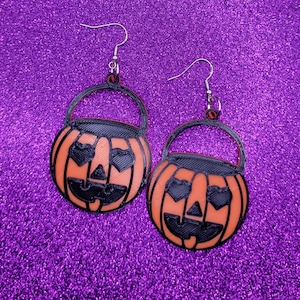 Heart Eyes Pumpkin Bucket Statement Earrings 3D Printed, Weird Earrings, Unique Earrings, Edgy Earrings, Drop Earrings, Alternative Earrings