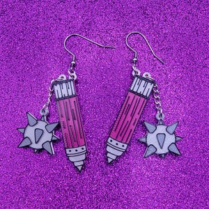 Pink Medieval Flail Statement Earrings 3D Printed, Weird Earrings, Unique Earrings, Edgy Earrings, Drop Earrings, Alternative Earrings