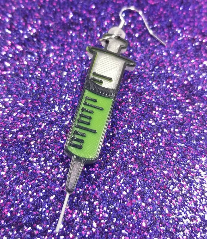 Green Syringe Statement Earrings 3D Printed, Weird Earrings, Unique Earrings, Edgy Earrings, Alternative Earrings, Horror Earrings image 2