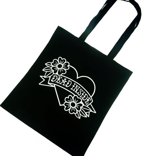 Dead Insider Tattoo Heart Tote Bag Black Cotton Reusable Shopping Bag 15"x16" Goth Emo