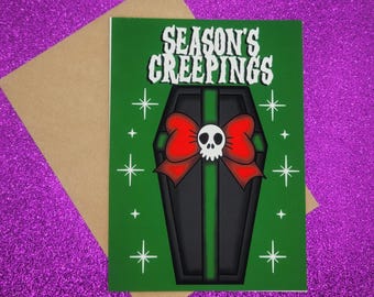 Seasons Creepings Spooky Coffin Christmas Greeting Card 5x7, Goth Christmas, Creepmas Card, Horror Holiday, , Dark Christmas, Blank Card