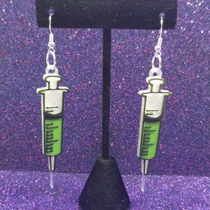 Green Syringe Statement Earrings 3D Printed, Weird Earrings, Unique Earrings, Edgy Earrings, Alternative Earrings, Horror Earrings image 3