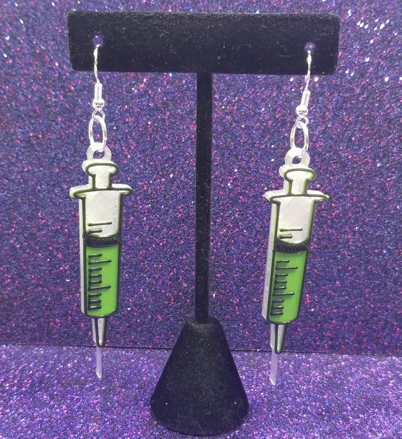 Green Syringe Statement Earrings 3D Printed, Weird Earrings, Unique Earrings, Edgy Earrings, Alternative Earrings, Horror Earrings image 3