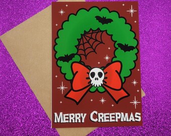 Merry Creepmas Skull Wreath Spooky Christmas Greeting Card 5x7, Goth Christmas, Creepmas Card, Horror Holiday, Dark Christmas, Blank Card