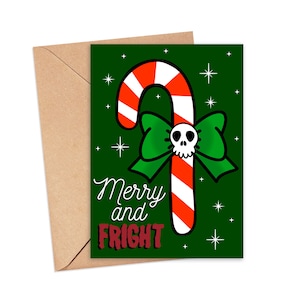 Merry and Fright Skull Candy Cane Spooky Christmas Greeting Card 5x7, Goth Christmas, Creepmas Card, Horror Holiday