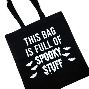 Spooky Stuff Tote Bag Black Cotton Reusable Shopping Bag 15"x16" Horror Goth