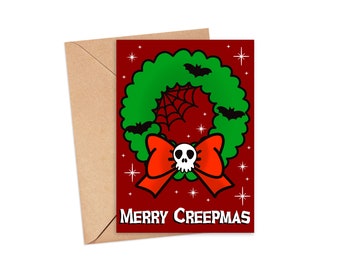 Joyeux Creepmas Skull Wreath Spooky Christmas Greeting Card 5x7, Goth Christmas, Creepmas Card, Horror Holiday