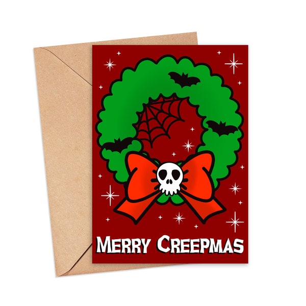 Merry Creepmas Skull Wreath Spooky Christmas Greeting Card 5x7, Goth Christmas, Creepmas Card, Horror Holiday