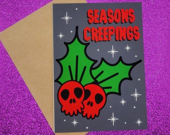 Seasons Creepings Skull Holly Spooky Christmas Greeting Card 5x7, Goth Christmas, Creepmas Card, Horror Holiday, Dark Christmas, Blank Card